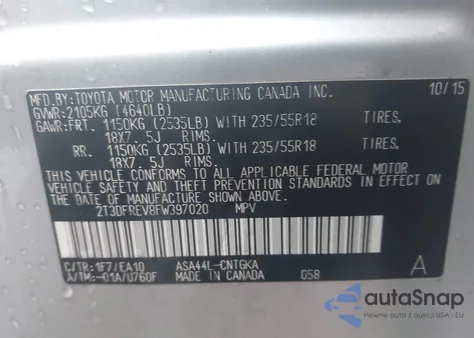 2015 Toyota Rav4 Limited from USA, damaged, VIN 2T3DFREV8FW397020